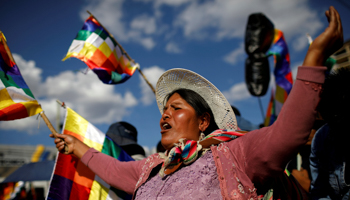 A supporter of former President Evo Morales participates in a demonstration in Cochabamba, Bolivia, November 18 (Reuters/Marco Bello)