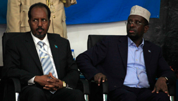 Former presidents Sheikh Sharif Sheikh Ahmed and Hassan Sheikh Mohamud following Hassan Sheikh's election, September 10, 2012 (Reuters/Omar Faruk)