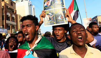 Sudanese protestors chant at a rally calling for the NCP to be dissolved and former members to be put on trial, Khartoum, October 21, 2019 (Reuters/Mohamed Nureldin Abdallah)