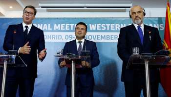The leaders of North Macedonia (centre), Albania (right) and Serbia address a news conference after the Ohrid meeting, November 10 (Reuters/Ognen Teofilovski)