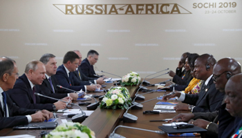 Russian President Vladimir Putin opposite Central African Republic President Faustin Archangel Touadera at a meeting during the Russia-Africa Summit in Sochi (Reuters/Sergei Chirikov)