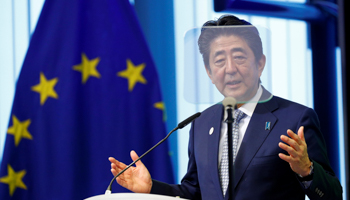 Japan's Prime Minister Shinzo Abe speaks during the conference Communication Connecting Europe and Asia, in Brussels, September 27 (Reuters/Francois Lenoir)