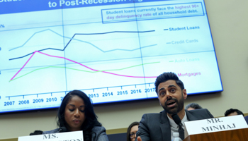 Center for Responsible Lending Senior Policy Counsel Ashley Harrington and comedian Hasan Minhaj testify during a House Financial Services Committee hearing on student debt and student loan servicers, on Capitol Hill in Washington, US, September 10, 2019 (Reuters/Jonathan Ernst)