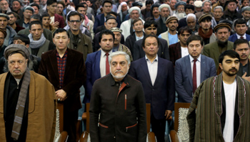 Presidential candidate Abdullah Abdullah (centre) and Hazara politician Haji Mohammad Mohaqqeq (left) at a protest meeting in Kabul (Reuters/Omar Sobhani)