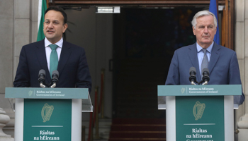 Ireland's Taoiseach (Prime Minister) Leo Varadkar and Michel Barnier, the European Union's chief Brexit negotiator speak to the media at Government Buildings in Dublin, January 27 (Reuters/Lorraine O'Sullivan)