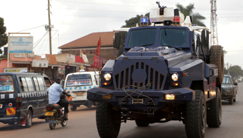 Armed police patrol the streets as opposition MP Bobi Wine returns from the United States, September 20, 2018 (Reuters/Francis Mukasa)