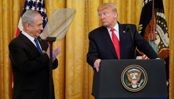 US President Donald Trump and Israeli Prime Minister Binyamin Netanyahu hold a press conference to unveil the US peace plan for the Israeli-Palestinian conflict, January 28 (Reuters/Joshua Roberts)
