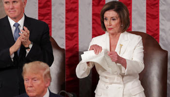 Speaker of the House Nancy Pelosi (D-CA) rips up the speech of US President Donald Trump after his State of the Union address to a joint session of the US Congress in the House Chamber of the US Capitol in Washington, US February 4, 2020 (Reuters/Jonathan Ernst)
