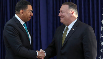 Jamaican Prime Minister Andrew Holness and US Secretary of State Mike Pompeo at last month’s CARICOM meeting in Kingston (Reuters/Gilbert Bellamy)
