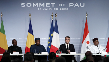 France's President Emmanuel Macron, Mali's President Ibrahim Boubacar Keita, Niger President Mahamadou Issoufou and had's President Idriss Deby at the G5 Sahel summit in Pau, France, January 13. (Reuters/Guillaume Horcajuelo)