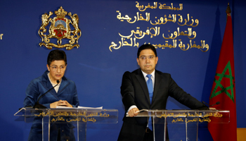 Moroccan Foreign Minister Nasser Bourita hosts a joint press conference with his Spanish counterpart Arancha Gonzalez Laya, January 24. (Reuters/Youssef Boudlal)