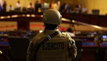 A soldier stands inside congress as President Nayib Bukele pushes for approval of funds for his government’s security plan. San Salvador, El Salvador, February 9. (Reuters/Victor Pena)