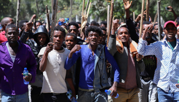 Oromo youths brandish sticks during anti-government protests (Reuters/Tiksa Negeri)