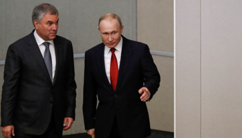 President Vladimir Putin (R) with State Duma Speaker Vyacheslav Volodin as parliament debates constitutional change (Reuters/Evgenia Novozhenina)