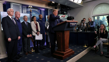 President Donald Trump and his COVID-19 taskforce address reporters, White House, Washington, United States, March 16 (Reuters/Leah Millis)