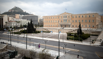 Street outside parliament is deserted after government's nationwide lockdown against COVID-19, in Athens, March 23 (Reuters/Alkis Konstantinidis)