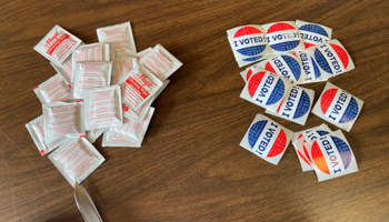 Amid COVID-19, alcohol wipes are seen in an Illinois Democratic primary polling station, March 17 (Reuters/Julie Ingwersen)