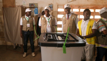 Election observers from the Economic Community of West African States (ECOWAS) at a polling station in Lome, Togo, February 22, 2020 (Reuters/Luc Gnago)