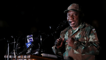South Africa President Cyril Ramaphosa addresses South African Defence Force members before their deployment ahead of a nationwide lockdown, Johannesburg, March 26 (Reuters/Siphiwe Sibeko)
