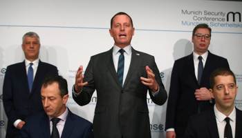US ambassador to Germany Richard Grenell (centre) and Presidents Hashim Thaci (Kosovo; left) and Aleksandar Vucic (Serbia; right) together at the Munich Security Conference, February 14 (Reuters/Michael Dalder)