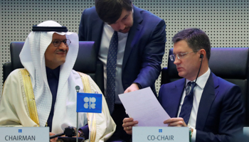 Saudi Energy Minister Abdulaziz bin Salman Al Saud and Russian Energy Minister Alexander Novak at an OPEC+ meeting (Reuters/Leonhard Foeger)