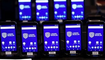 Mobile phones at Locked Shields, a cyber defence exercise organised by NATO, April 2019 (Reuters/Ints Kalnins)