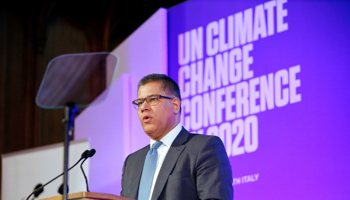 UK Business Secretary Alok Sharma speaks during an event to launch the private finance agenda for COP26, February 27 (Reuters/Tolga Akmen)