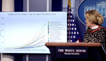 White House COVID-19 coordinator Dr. Deborah Birx discusses areas with the highest number of recorded coronavirus cases, April 13 (Reuters/Leah Millis)