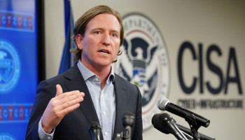 US Cybersecurity and Infrastructure Security Agency (CISA) Director Christopher Krebs speaks to reporters at CISA’s Election Day Operation Center in Arlington, Virginia, March 3 (Reuters/Kevin Lamarque)