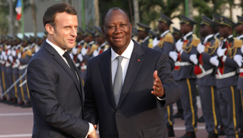 France's President Emmanuel Macron is welcomed by Ivory Coast President Alassane Ouattara at the Petit Palais in Abidjan, Ivory Coast, December 21, 2019 (Reuters/Luc Gnago)