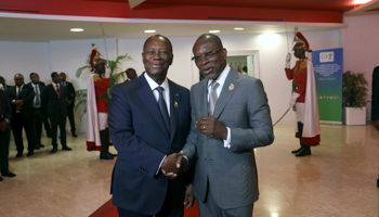 Ivory Coast’s President Alassane Ouattara (l) with Benin’s President Patrice Talon (r) in Abidjan, Ivory Coast, July 12, 2019 (Reuters/Luc Gnago)