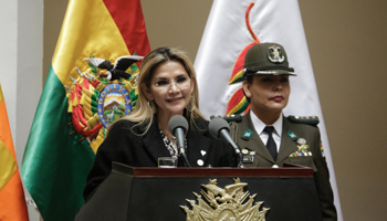 Bolivia’s interim President Jeanine Anez speaks during a ceremony at the presidential palace in La Paz, Bolivia, March 13 (Reuters/David Mercado)