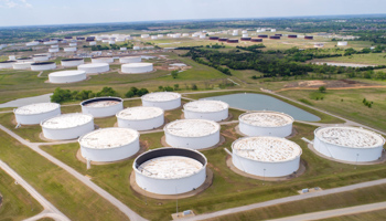 Crude oil storage tanks are seen in an aerial photograph at the Cushing oil hub in Cushing, Oklahoma, April 21 (Reuters/Drone Base)