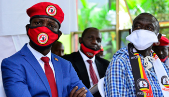 Bobi Wine and Kizza Besigye announce a new opposition alliance to contest the 2021 elections, Kampala, June 15 (Reuters/Abubaker Lubowa)