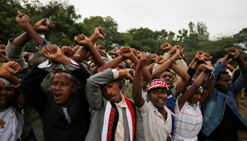 Oromo protestors during the 2016 protests in which Haacaaluu played a prominent role, October 2, 2016 (Reuters/Tiksa Negeri)