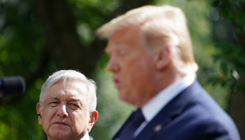 AMLO listens to Trump prior to signing a joint declaration at the White House in Washington DC, July 8 (Reuters/Kevin Lamarque)