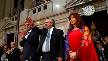 President Alberto Fernandez (centre) and Vice-President Cristina Fernandez de Kirchner opening Congress (Reuters/Agustin Marcarian)