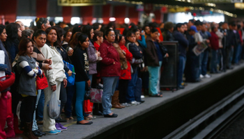 Passengers wait to board the Women-Only passenger car at a subway station in Mexico City (Reuters/Edgard Garrido)