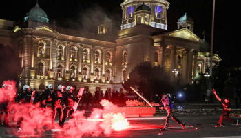 Demonstrators and riot police clash outside parliament, Belgrade, July 7 (Reuters/Marko Djurica)