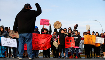 Supporters of the indigenous Wet'suwet'en Nation's hereditary chiefs protest against the Coastal GasLink pipeline, Victoria, British Columbia, February 26 (Reuters/Kevin Light)