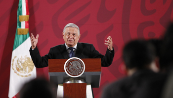 President Andres Manuel Lopez Obrador at a press conference on the Pemex corruption case (Shutterstock/Jose Mendez)