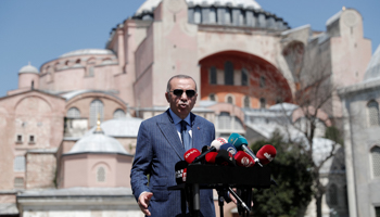 President Erdogan speaks to the media after Friday prayers at the Hagia Sophia Grand Mosque, August 7 (Reuters/Murad Sezer)