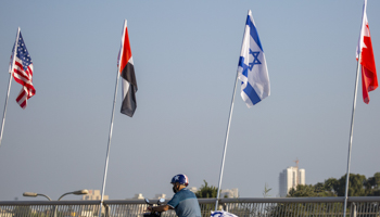 US, Emirati, Israeli and Bahraini flags on the Peace Bridge in Netanya, Israel, September 14 (Shutterstock/Ariel Schalit)