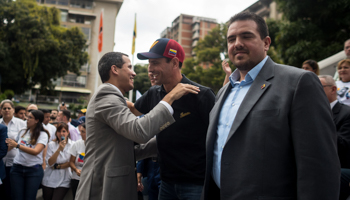 Opposition leaders Juan Guaido (l) and Henrique Capriles greet each other in Caracas, August 2019 (Shutterstock/Miguel Gutierrez)