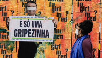 A poster of President Jair Bolsonaro with a sign reading "it's only a little flu" (Fabio Vieira/Fotorua/Shutterstock)