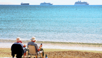 Empty cruise ships at anchor off Weymouth, England, September 6 (Stuart Fretwell/Shutterstock)