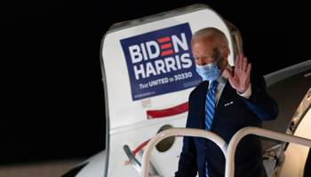 Democratic presidential candidate and former Vice President Joe Biden at New Castle Airport in Delaware for campaign events (Andrew Harnik/AP/Shutterstock)