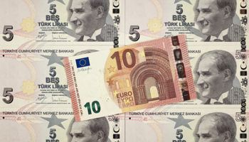 10EUR banknote against background of 5TRY notes, Istanbul, September 28  (ERDEM SAHIN/EPA-EFE/Shutterstock)