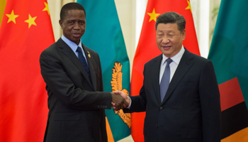 Zambia's President Edgar Lungu (L) shakes hands with China's President Xi Jinping (R) before their bilateral meeting at the Great Hall of the People, Beijing, September 1, 2018 (Nicolas Asfouri/POOL/EPA-EFE/Shutterstock)