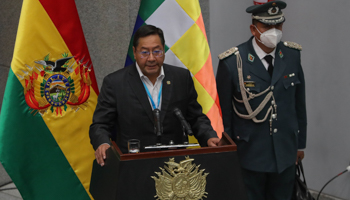 Luis Arce speaks at his inauguration ceremony in La Paz (Martin Alipaz/EPA-EFE/Shutterstock)